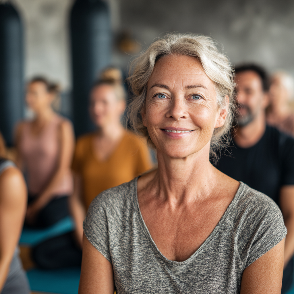 Жінка 52 років на своєму першому занятті йоги в групі початківців, усміхається та відчуває впевненість