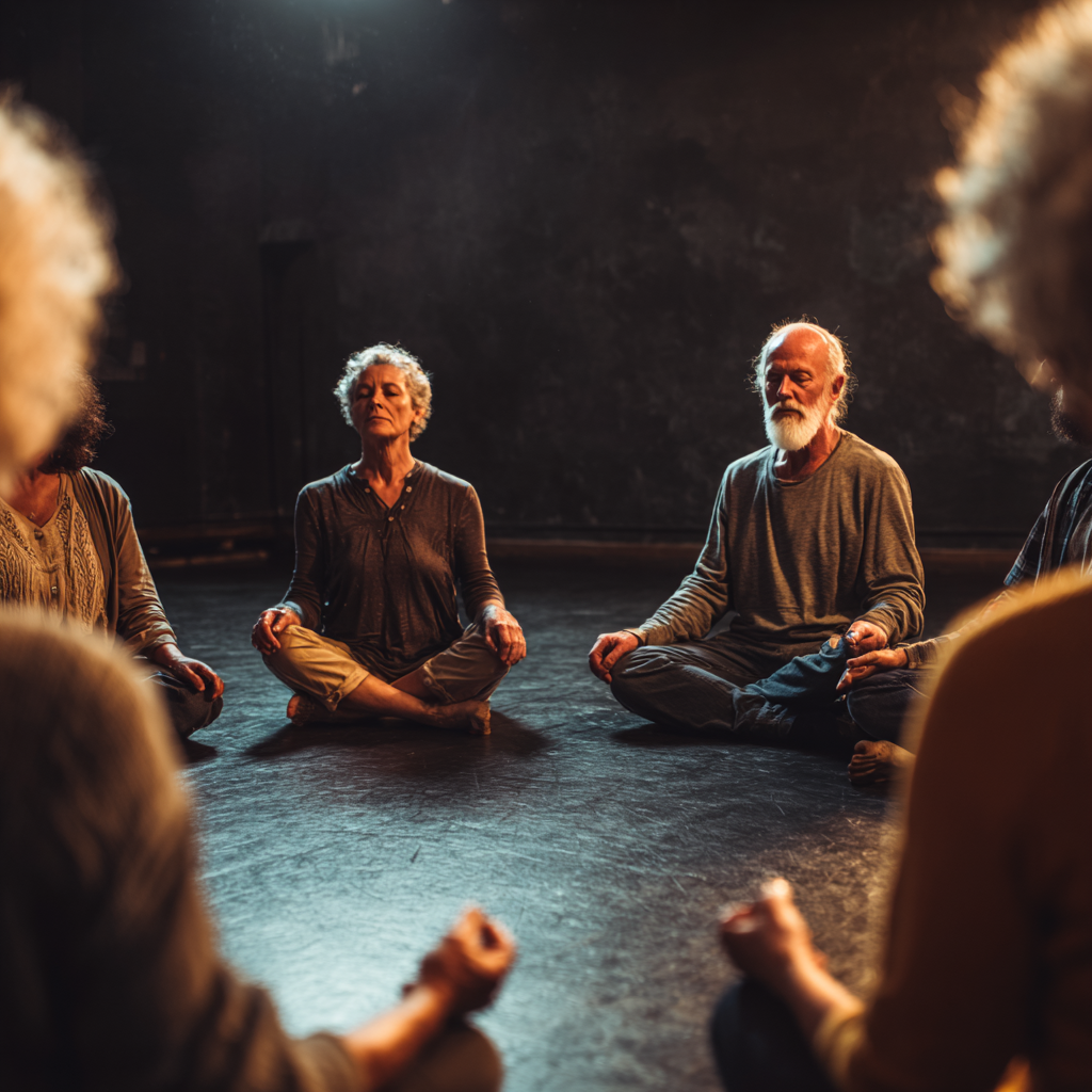 Група людей віком 50-60 років медитує в колі на підлозі студії в атмосфері спокою та концентрації